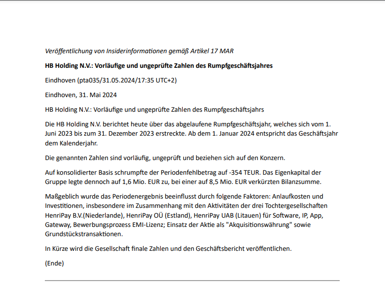PRELIMINARY AND UNAUDITED FIGURES FOR THE SHORT FINANCIAL YEAR